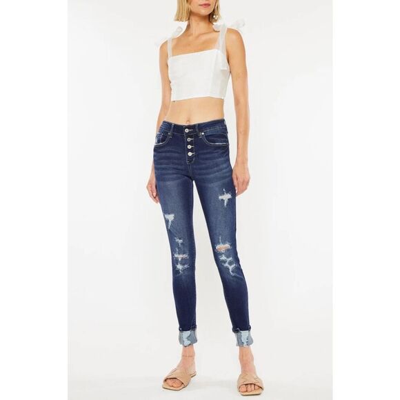 KANCAN Women’s Dark Blue Wash Chelsea High-Rise Button Fly Jeans Size 9/28 Style - Picture 1 of 9